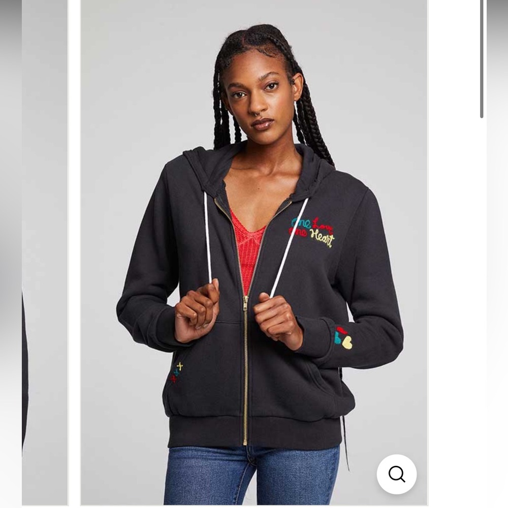 Chaser Women’s One Love One Heart Black Zip-Up Hoodie Size Large